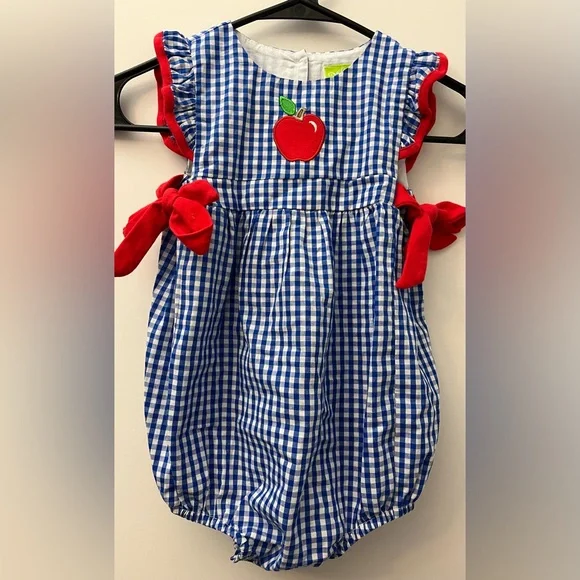 Charming Blue Checkered Romper with Red Apple Detail - Picture 2 of 6